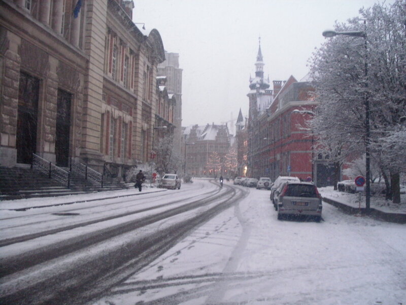 Snowy street in a European city