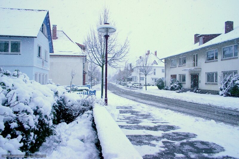 Snowy street in a quiet town
