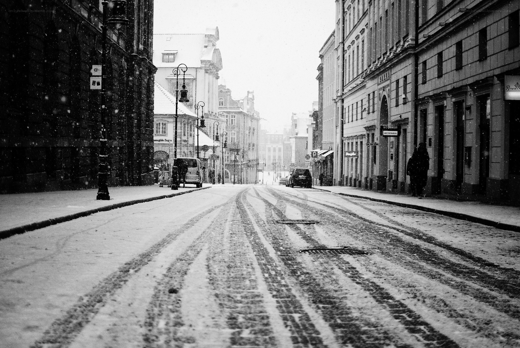 Snowy street in old town