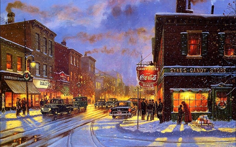 Snowy Street Scene — Blue, Festive