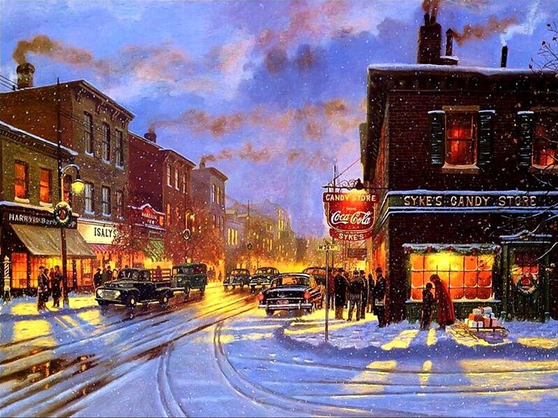 Snowy Street Scene — Blue, Festive, Winter, Painting