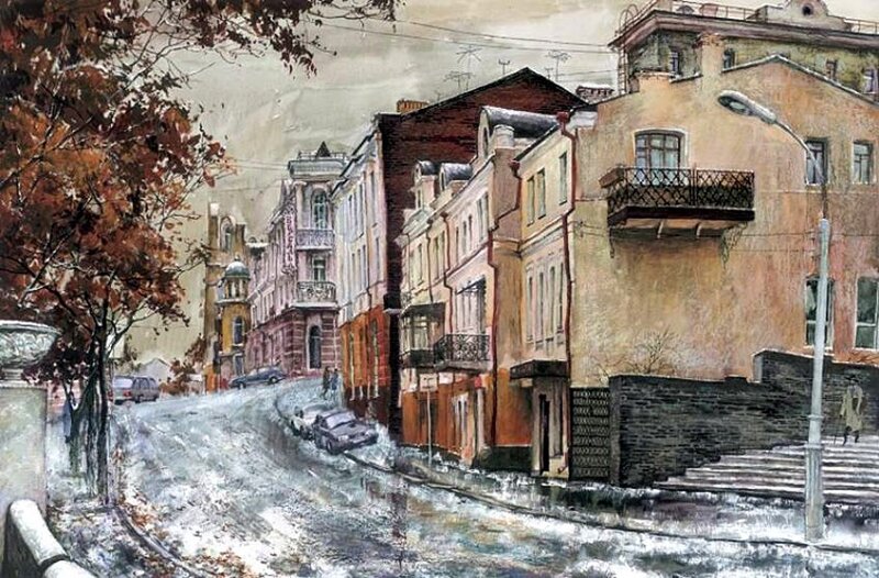 Snowy Street with Buildings — Brown