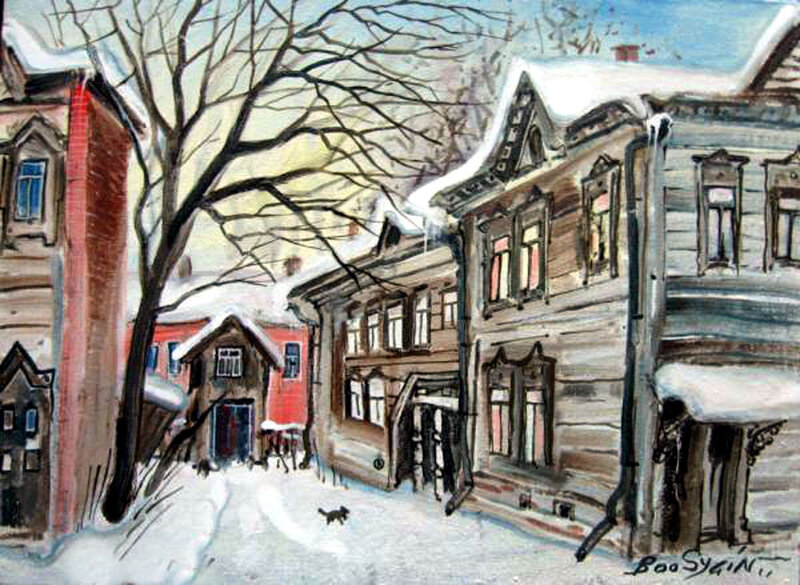 Snowy Street with Buildings — White