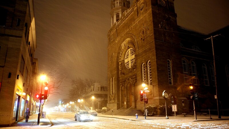 Snowy Street with Church — Brown, Cold, Night