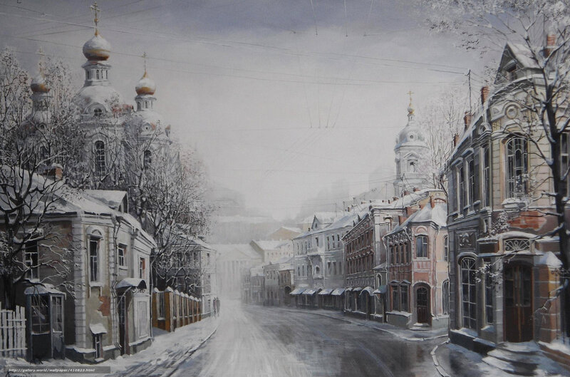 Snowy street with church domes