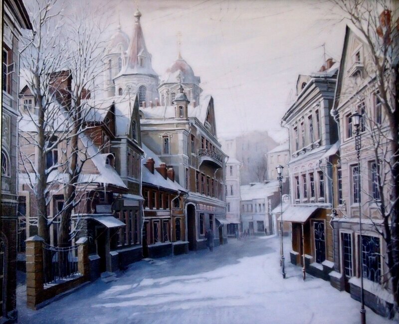 Snowy street with church
