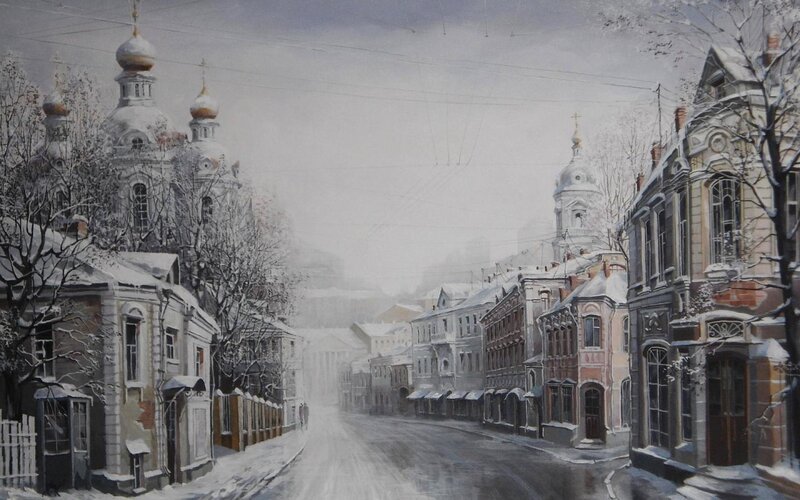 Snowy Street with Church — White, Serene