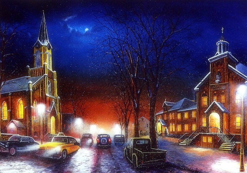 Snowy Street with Churches — Blue