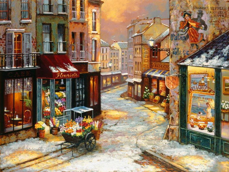 Snowy Street with Flower Cart