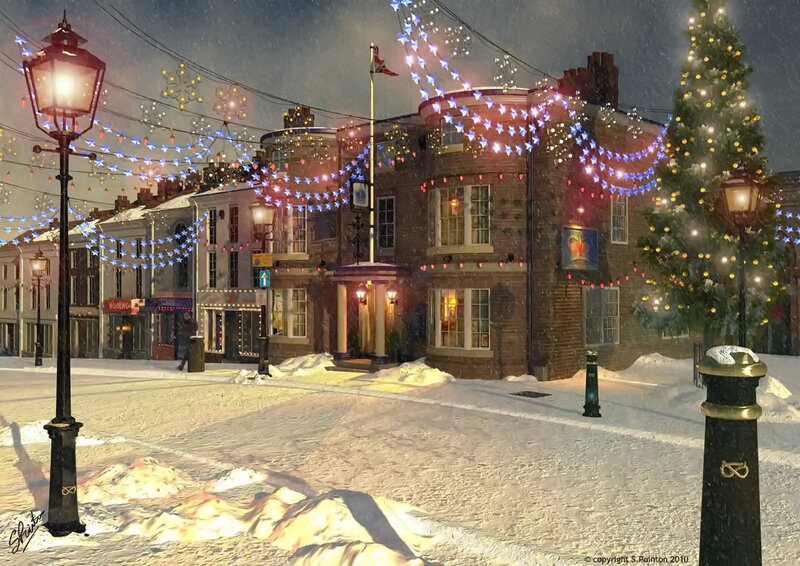 Snowy Street with Lights — White, Festive