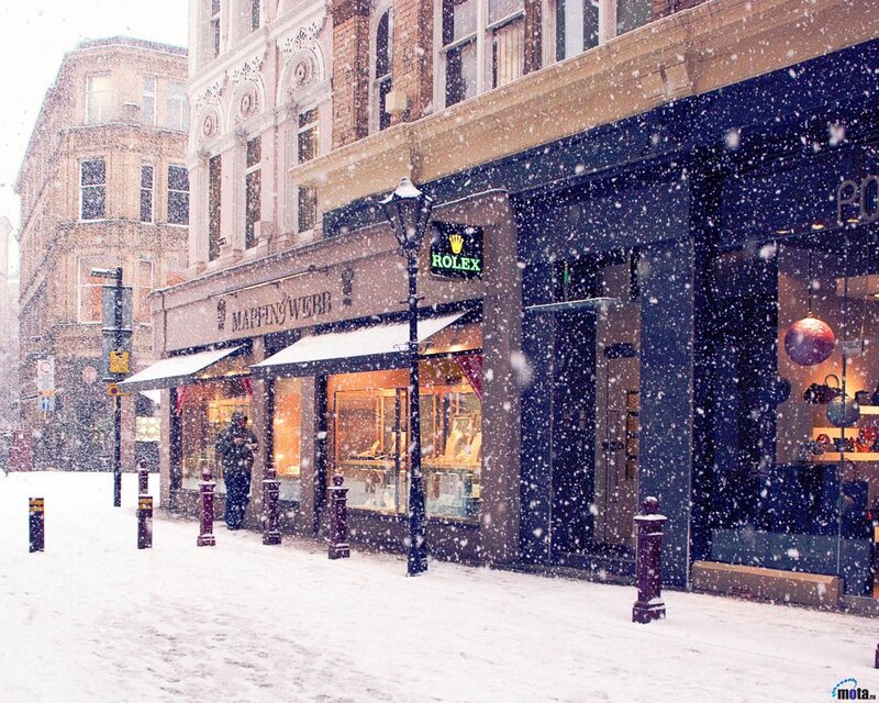 Snowy Street with Shops — White, Cold