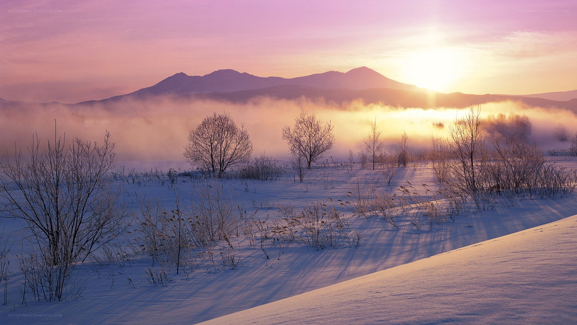 Snowy sunrise over mountains