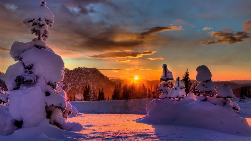 Snowy sunset in the mountains
