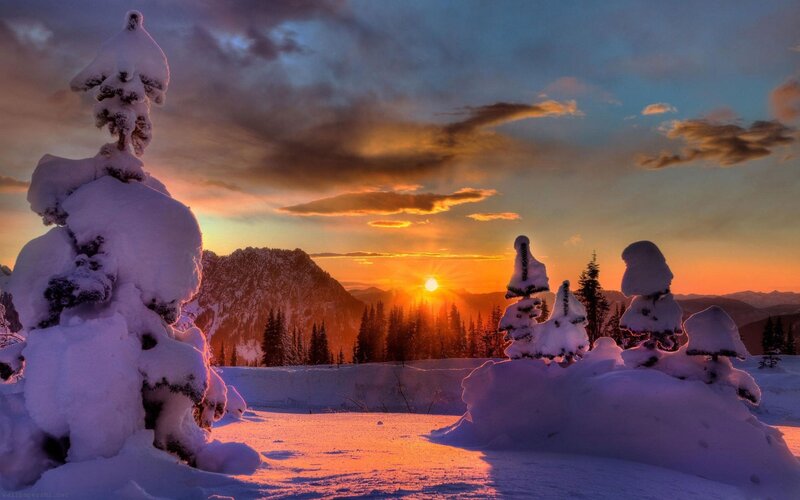 Snowy sunset in the mountains