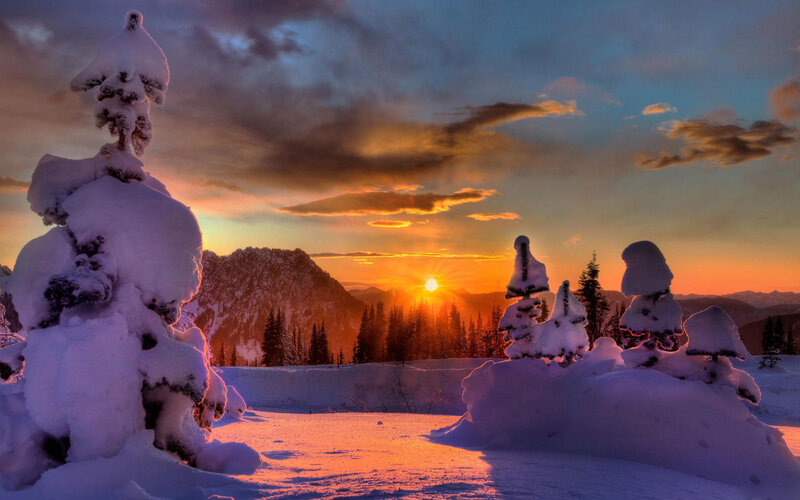 Snowy sunset in the mountains
