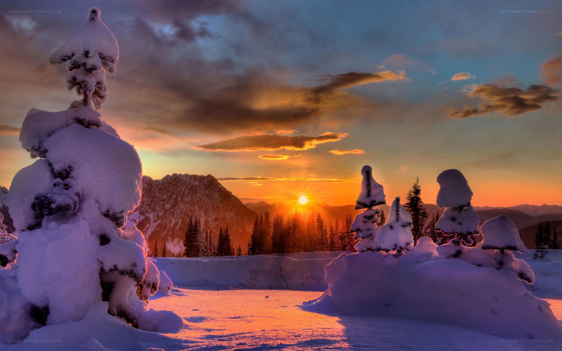 Snowy sunset in the mountains