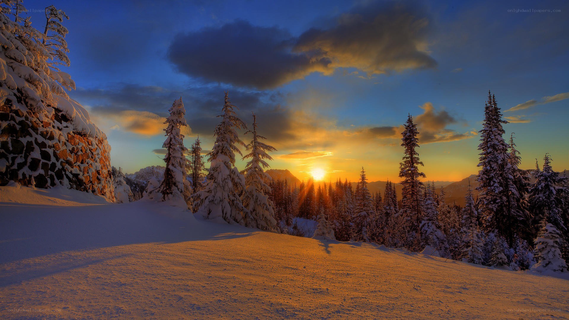 Snowy sunset in the mountains