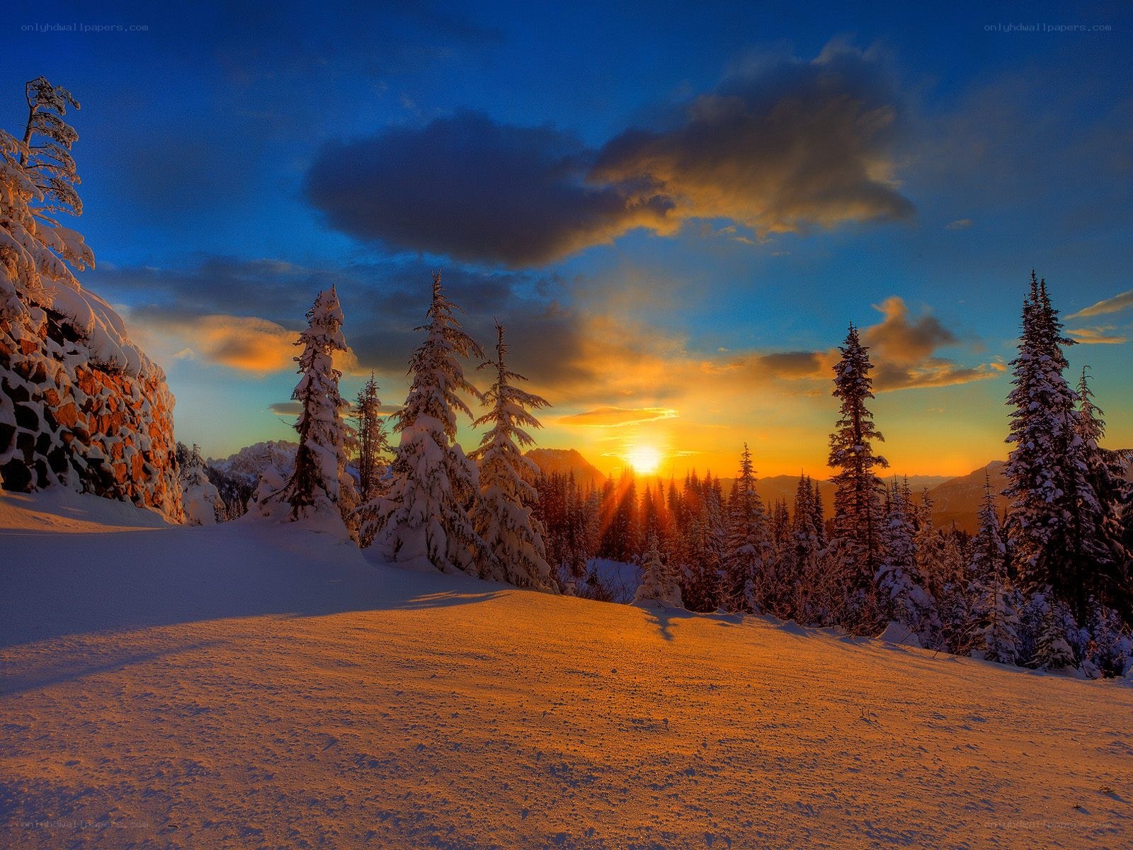 Snowy sunset in the mountains