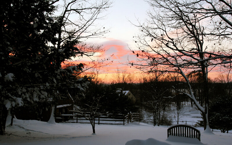 Snowy sunset over a quiet yard
