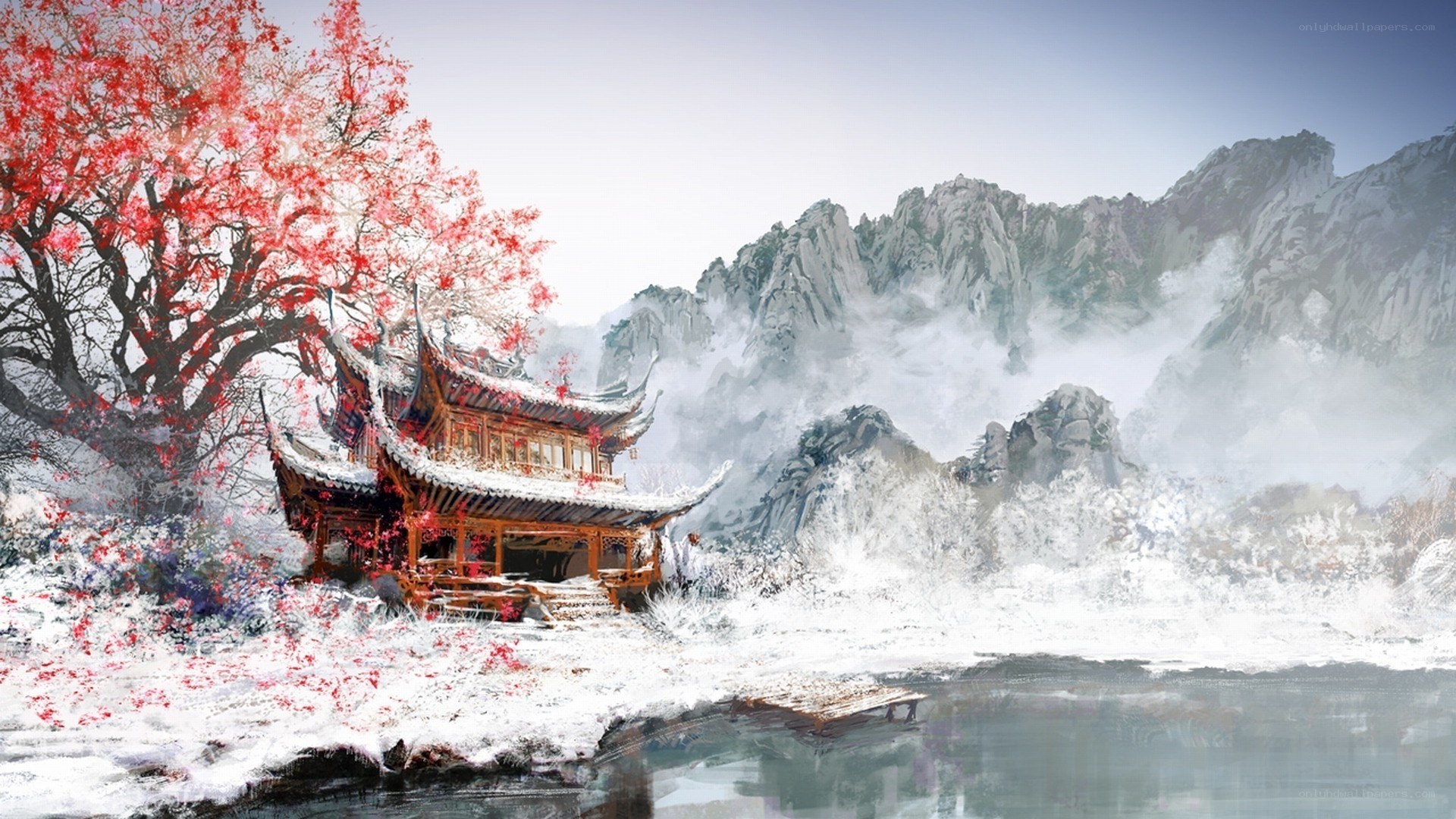 Snowy temple by a lake