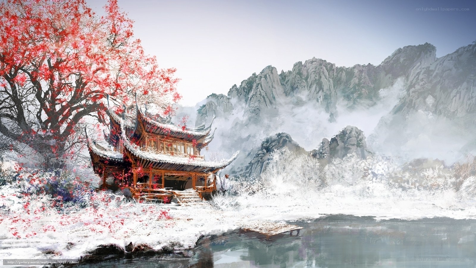 Snowy Temple in Autumn