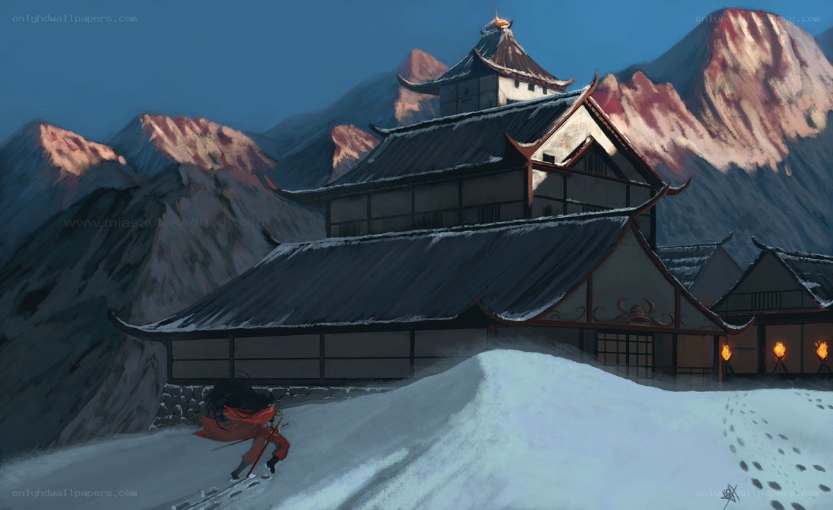 snowy temple in mountains