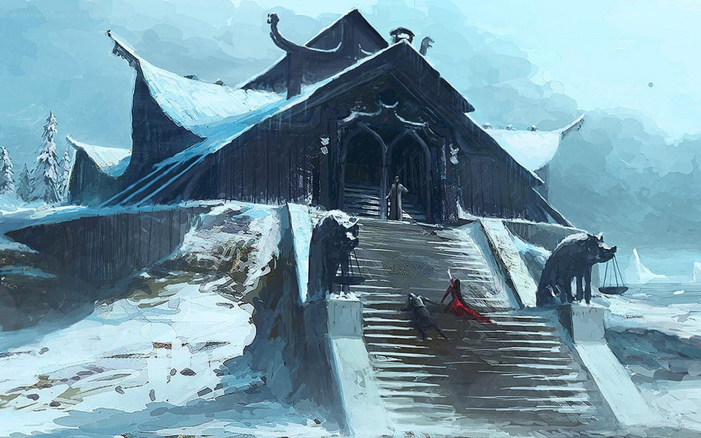 Snowy temple with fallen figure