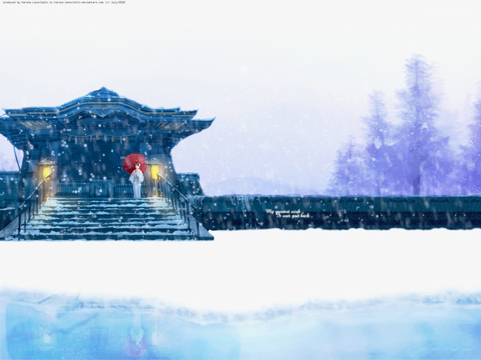 Snowy temple with red umbrella