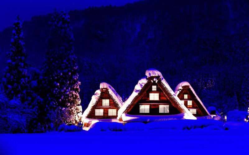 Snowy thatched houses at night
