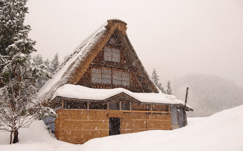 Snowy thatched roof house