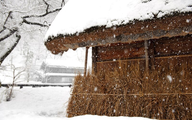 Snowy thatched roof hut