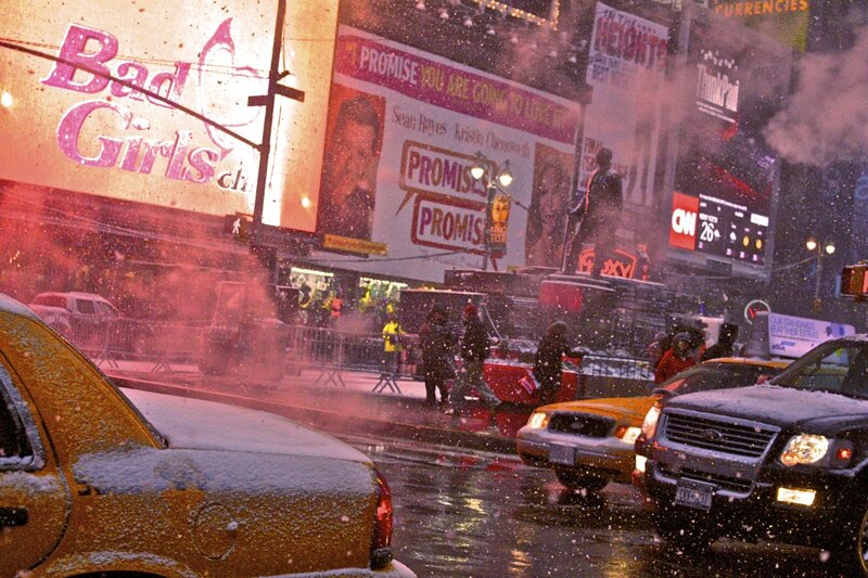 Snowy Times Square scene