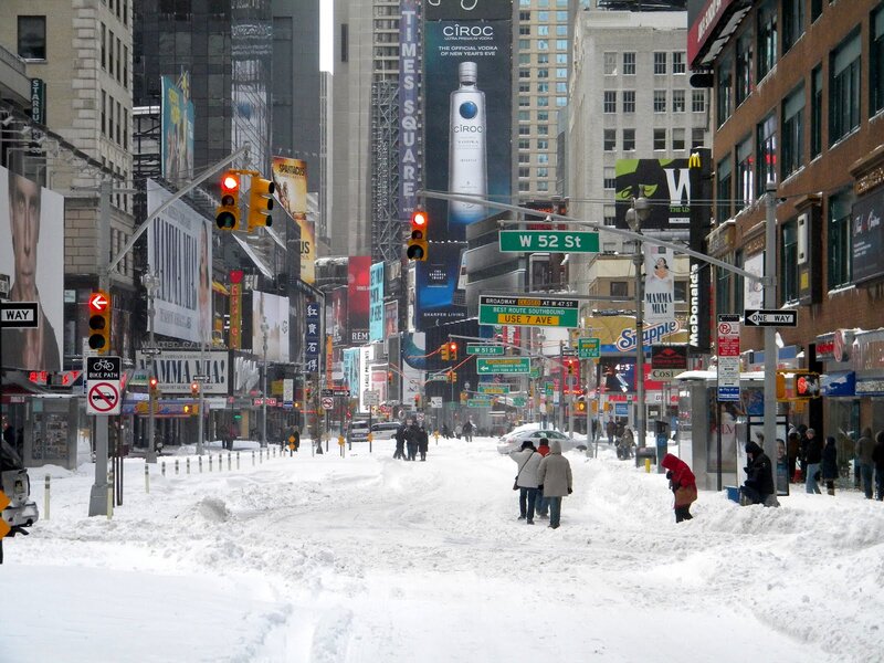 Snowy Times Square street scene