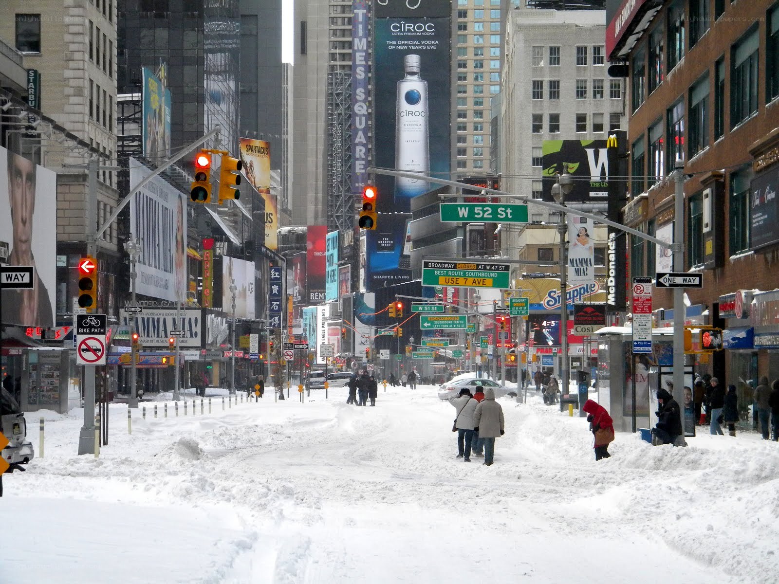 Snowy Times Square street scene