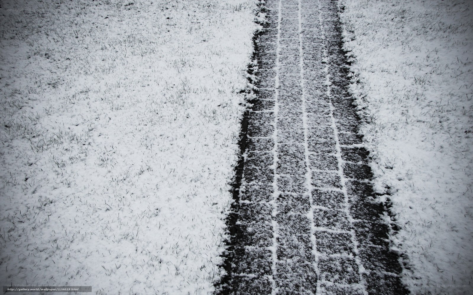Snowy tire tracks on grass