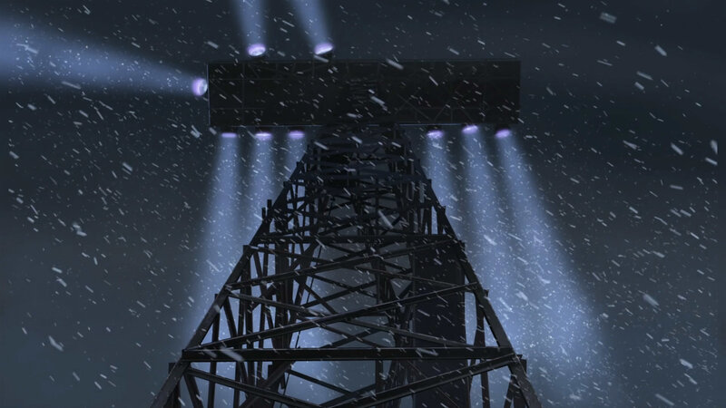 snowy tower with spotlights