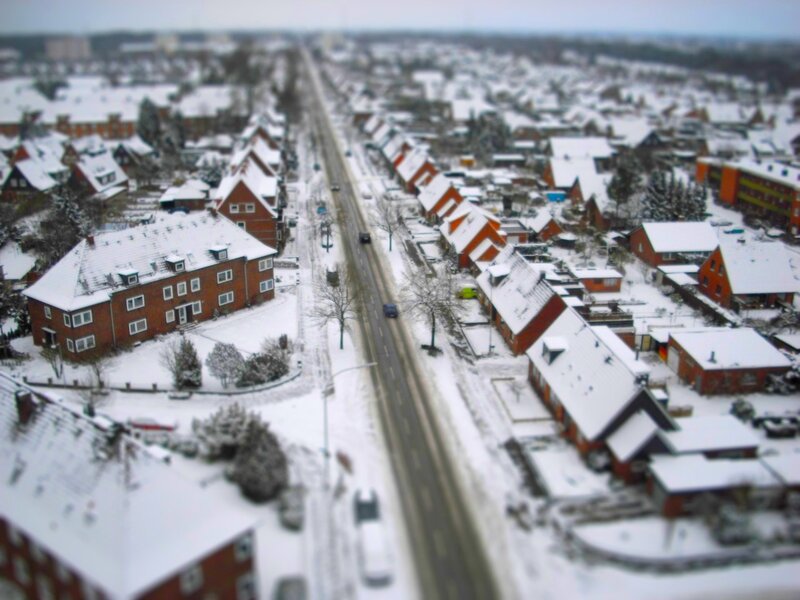snowy town aerial view