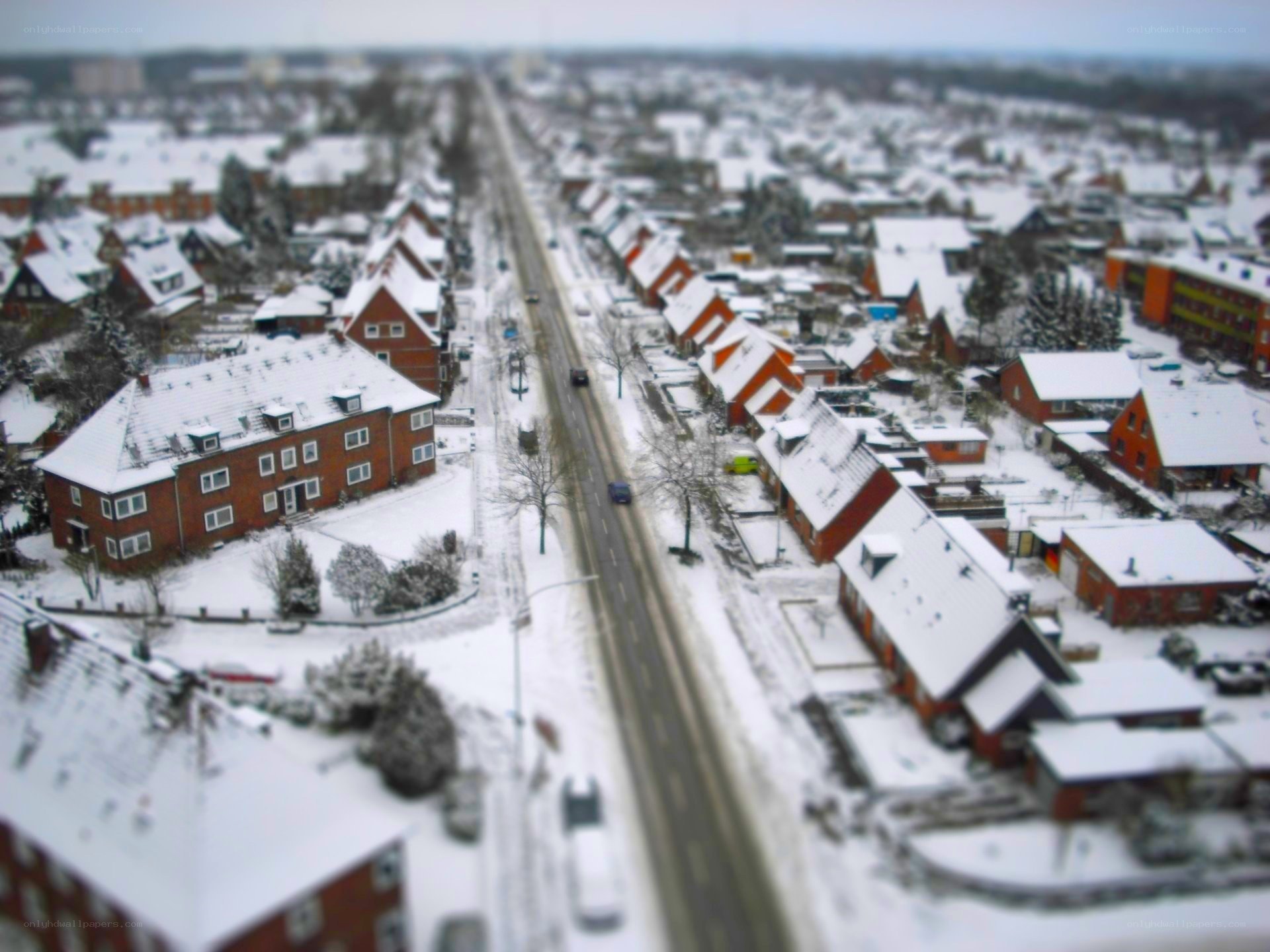 snowy town aerial view