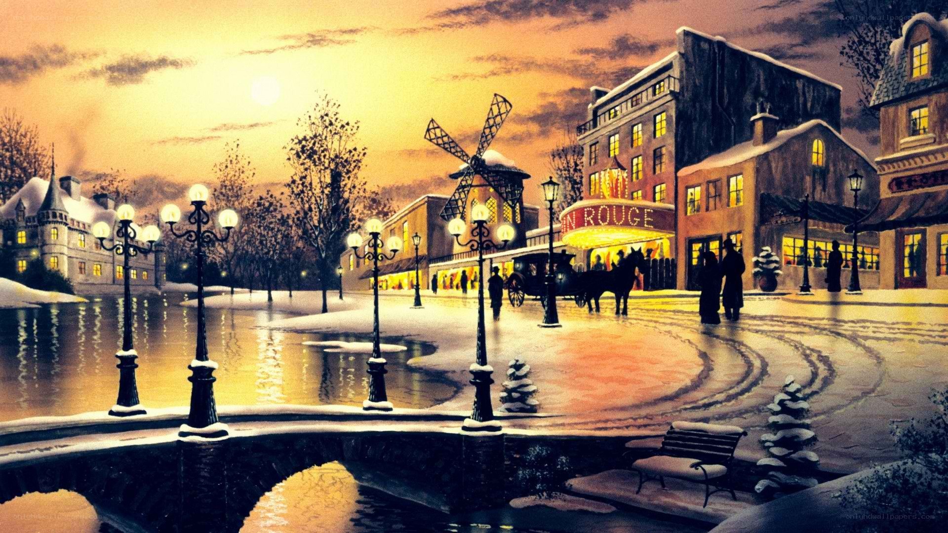 Snowy town at dusk