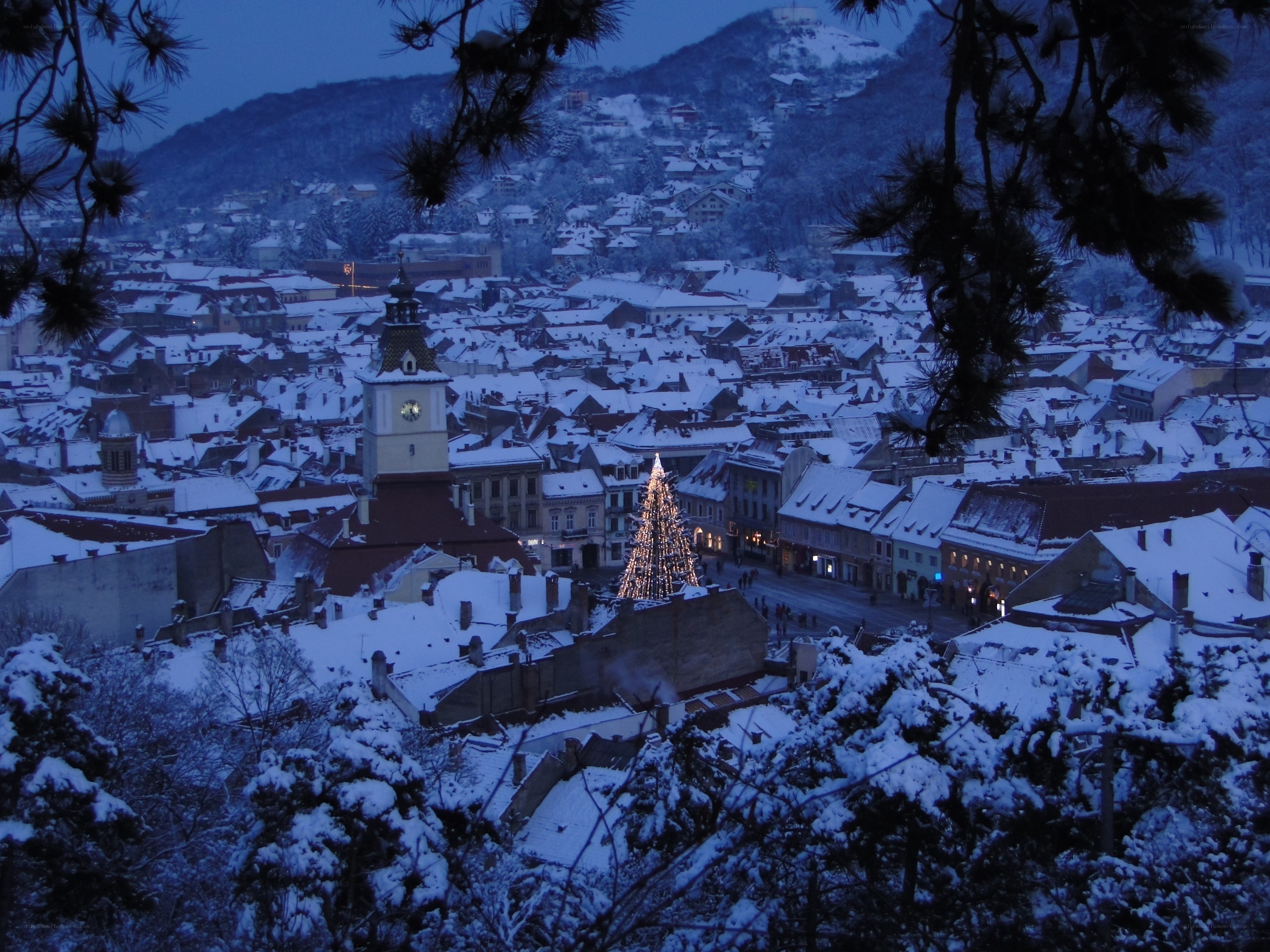 Snowy town at dusk