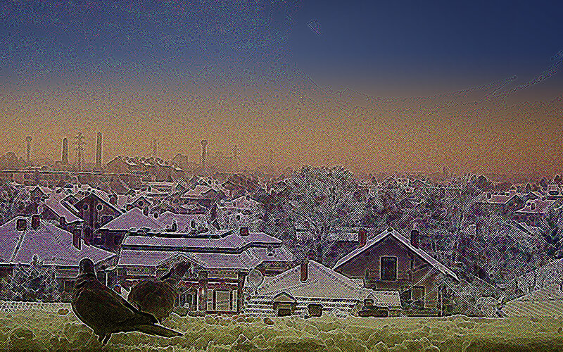 snowy town at dusk
