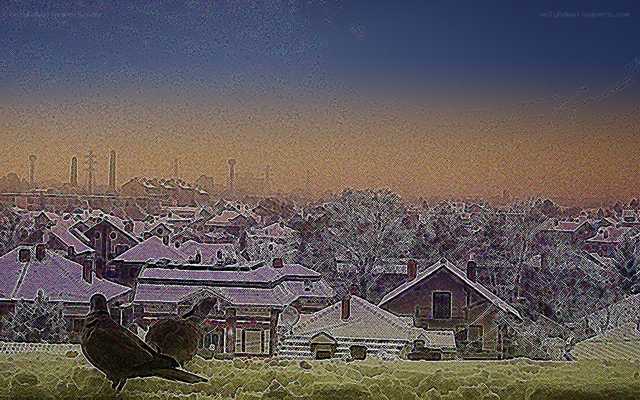 snowy town at dusk