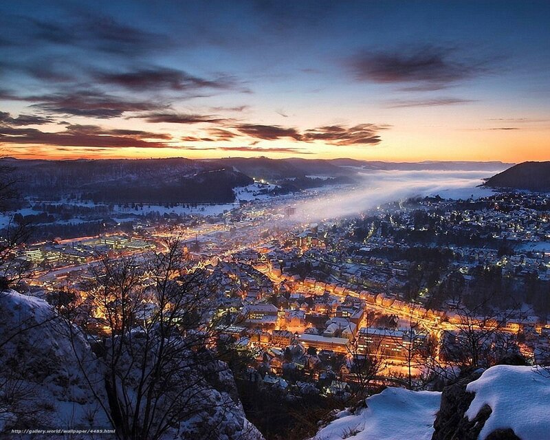 snowy town at dusk