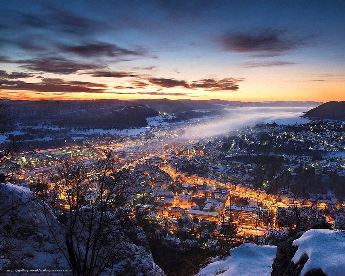 snowy town at dusk