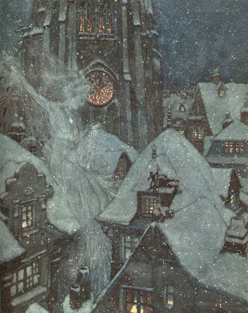 Snowy town at night