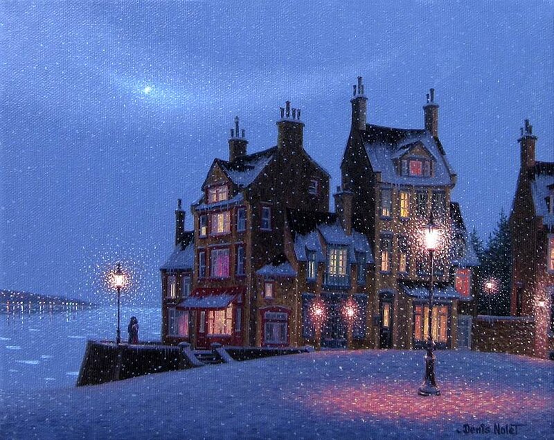 Snowy Town at Night — Blue, Serene