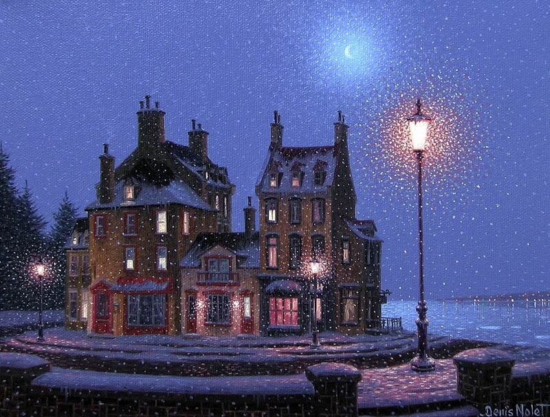 Snowy Town at Night — Blue