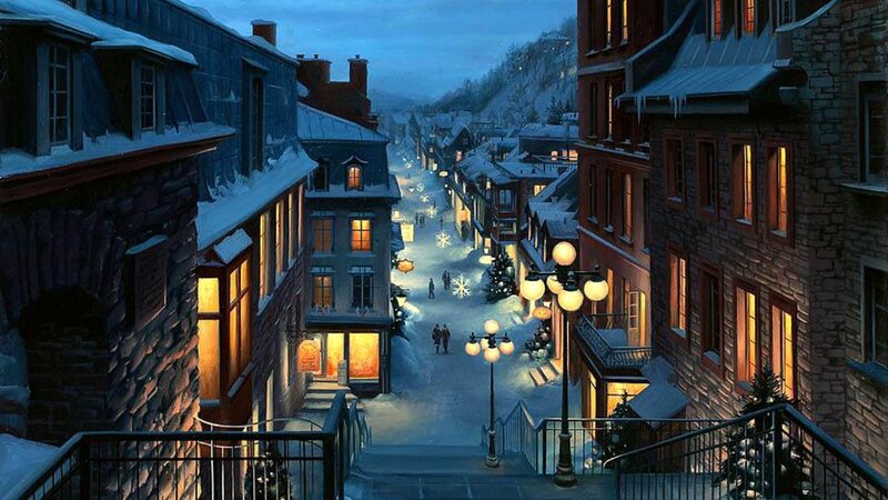 snowy town at night