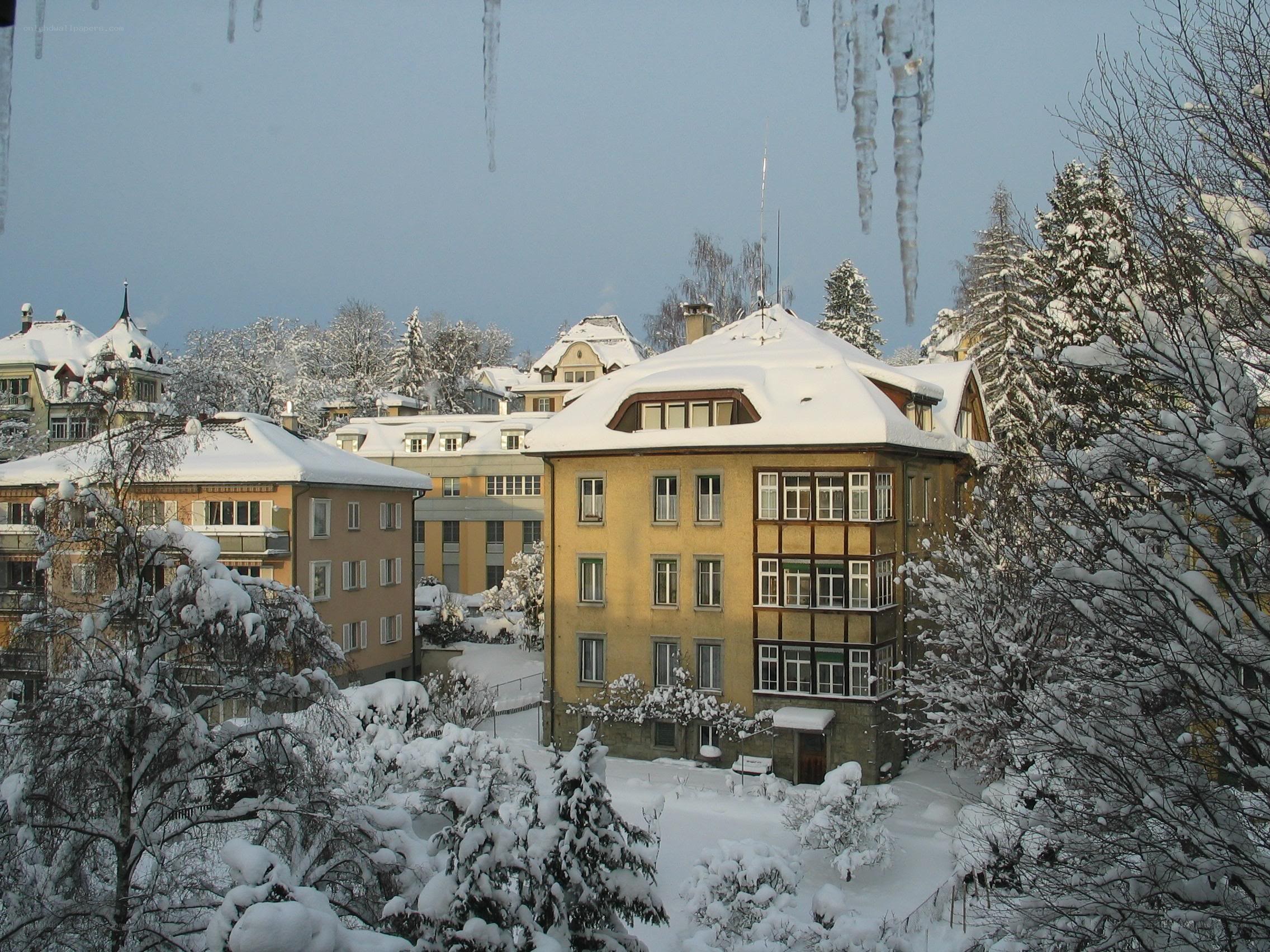 Snowy town in winter