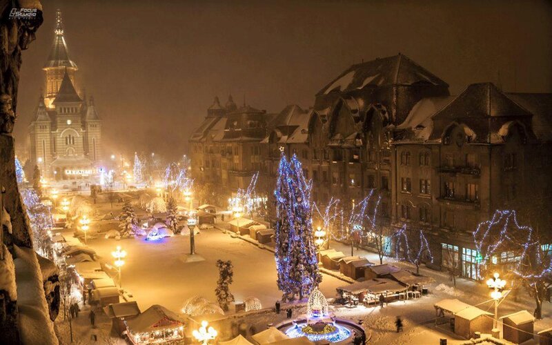 Snowy Town Square — Blue, Festive